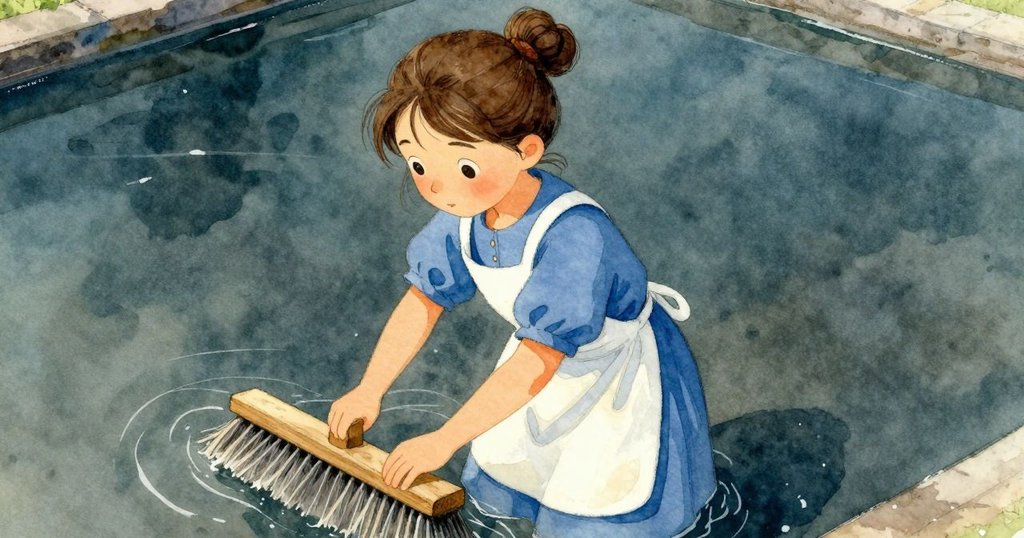 克拉拉從高角俯視中暫停掃耙,專注觀看隱藏繩索,鹽田景致在側光中映出柔和陰影