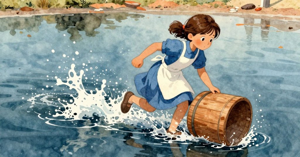 克拉拉急追滾動木桶,水花四濺在鹽田中,背景隱約見工具棚,情節轉折充滿動感