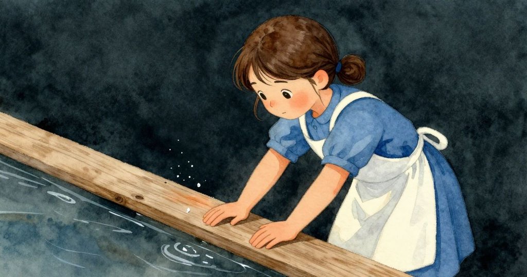 克拉拉輕拍木板,細觀少數滲出鹹水滴,因張力改變而呈現靜謐因果,場景細膩柔和