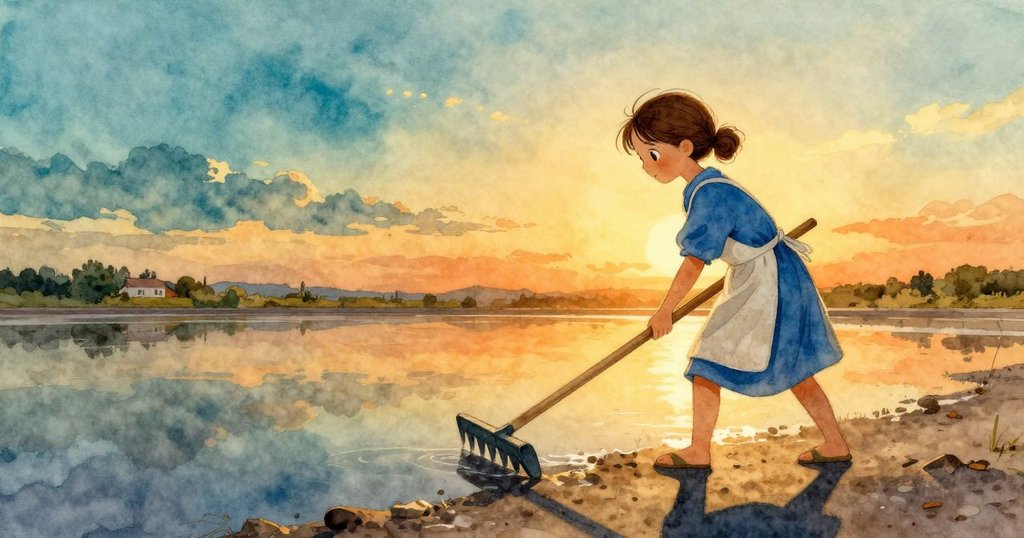 克拉拉在夕陽余輝中操作木耙,鹽田水面閃現柔和銀光,腳下晶磷閃爍,畫面溫暖寧靜落幕