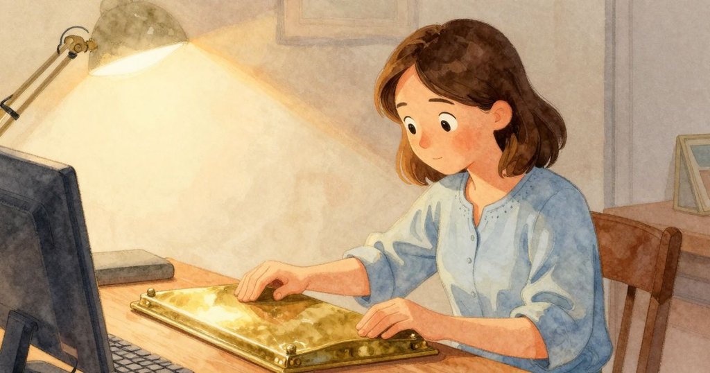 諾美在溫暖室內工作桌前小心地滑開黃銅防塵蓋，燈光下展現精緻時計零件與工具，臉上流露專注神情