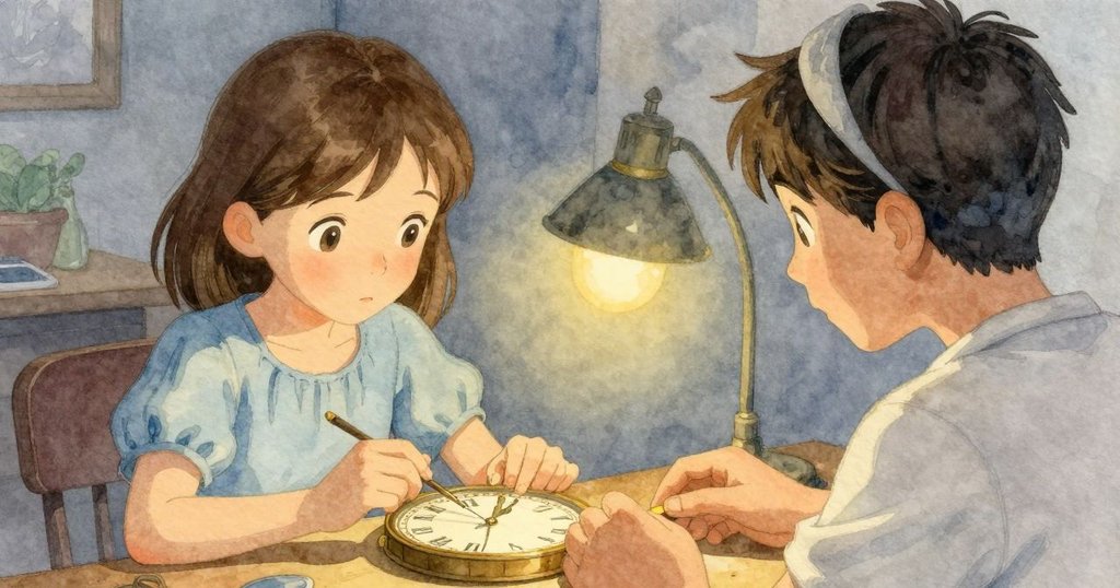 從薩爾耶肩後視角看見諾美專注修整時鐘，桌上精密工具散落，薩爾耶頭戴放大鏡，神情沉思