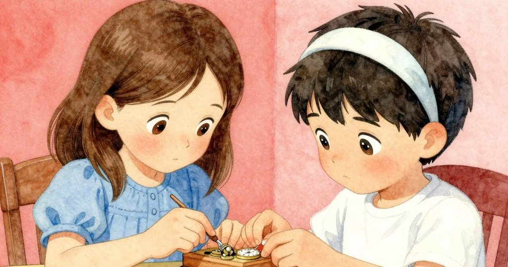 緊張瞬間，諾美拇指停在調速螺釘上，薩爾耶用木挑輕撥擒縱輪，修復過程中神情專注且緊繃