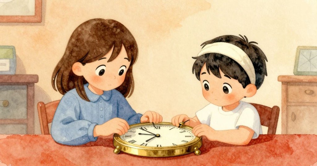 修復結束後，諾美舉起發條桶，薩爾耶輕拭工具，工作桌上防塵蓋重新蓋上，整體氛圍和諧溫暖