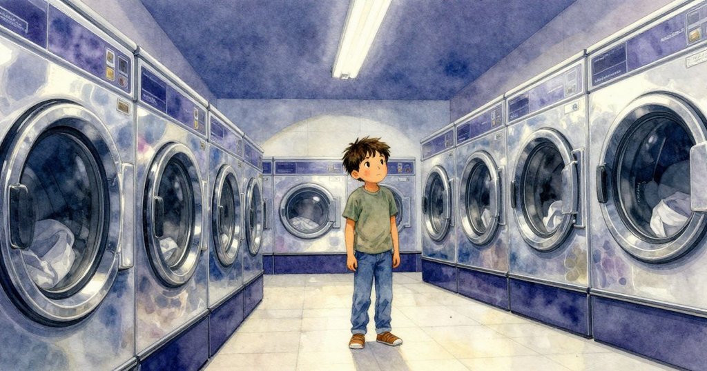 在洗衣店內，Yannick站在抖動的洗衣機前，透過玻璃看向街外略帶涼意的早晨，神情好奇且專注。