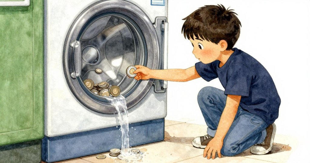 從低角度看見硬幣投入洗衣機，地面細節豐富，呈現溫暖光影與忙碌環境，充滿細膩意境。