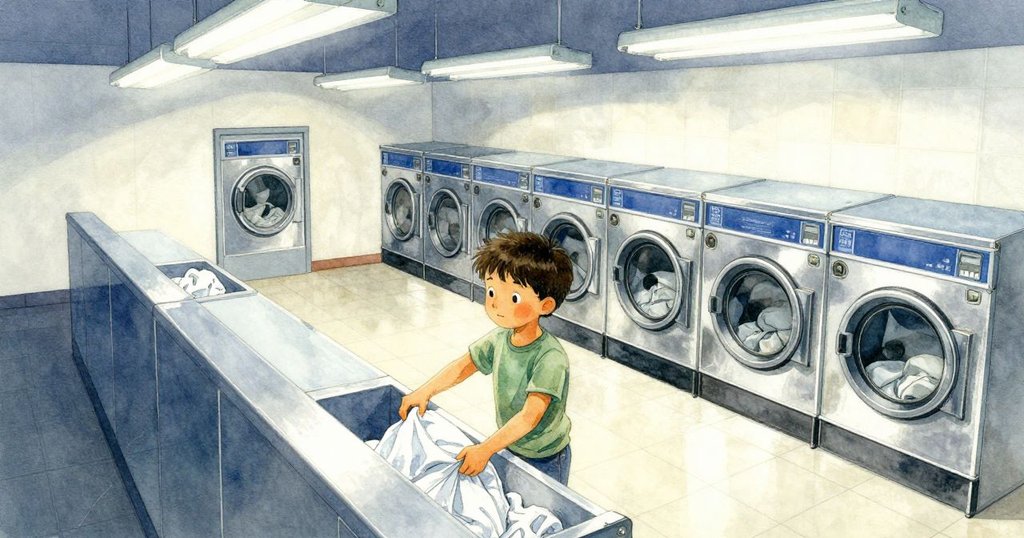 從高處視角俯瞰洗衣店內景，Yannick搬運濕衣服，環境細節豐富，充滿生活韻味。