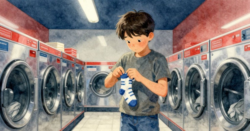 Yannick發現袖子中纏著一隻配對襪，神情疑惑，旁邊有男孩拉扯洗滌劑抽屜，互動生動。