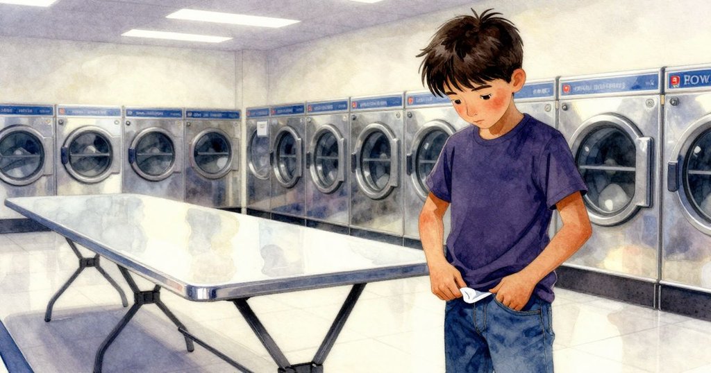 Yannick將配對襪輕輕收入口袋，穿過空蕩桌面，臉上露出淡淡微笑，離開洗衣店，結束忙碌一天。