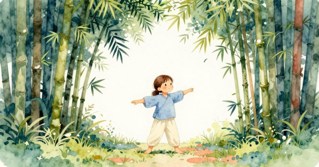 喬西在公園邊竹拱門下準備泡泡實驗, 天空明亮, 周圍環境寧靜, 表情平靜專注。