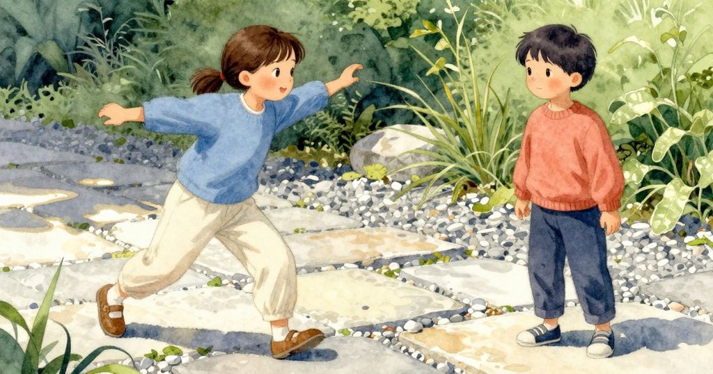 喬西的腳步在光影交錯的石板上前行, 地面紋理清晰, 表現出冒險的開始與動感。