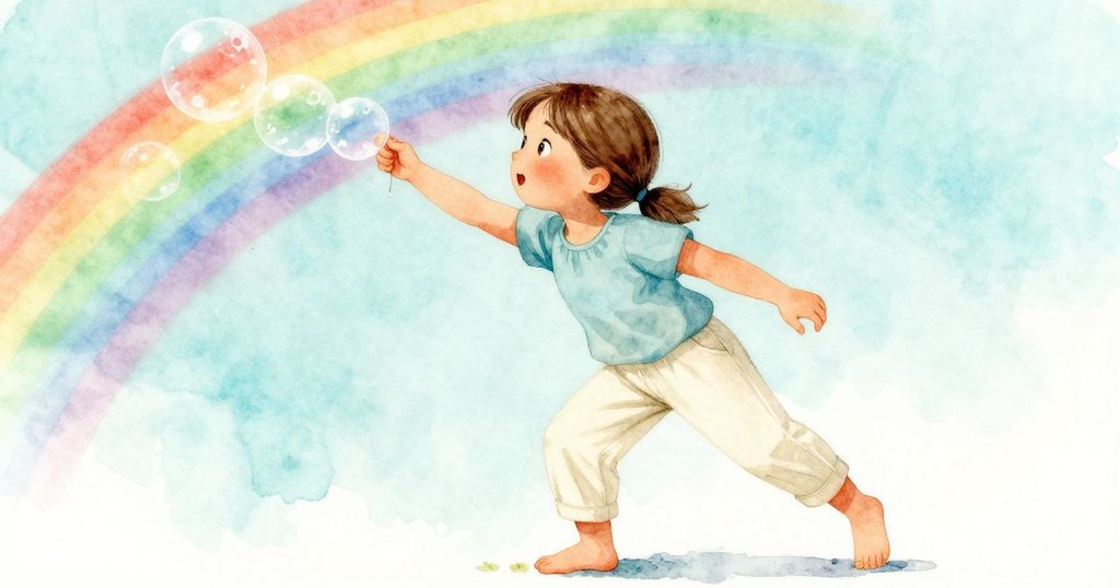 喬西用傾斜視角實驗泡泡, 揮舞著環圈蘸入透明液體, 彩虹光芒飛舞, 表情充滿期待與專注。