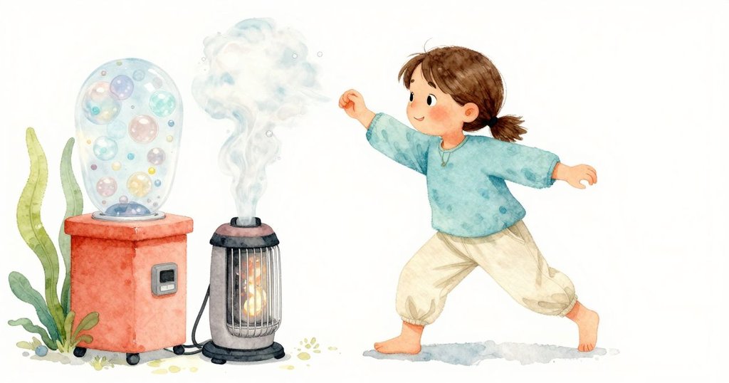 加熱器咔嗒一聲釋放暖氣, 觸發泡泡輕輕晃動, 場景充滿微妙奇幻感, 喬西專注動作。