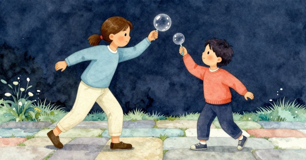 喬西與奈爾協作操作泡泡裝置, 兩人肩並肩步行, 周遭石板上落葉飛散, 呈現出溫馨合作氛圍。