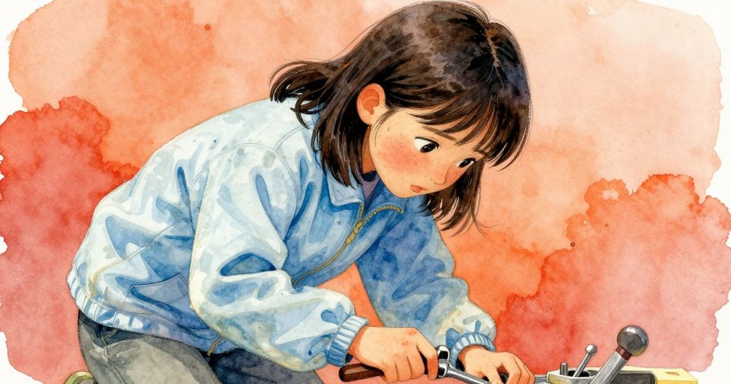 丹娜近景凝視砂模，面部表情專注中帶有微憂，溫暖側光照亮工廠工作臺背景。