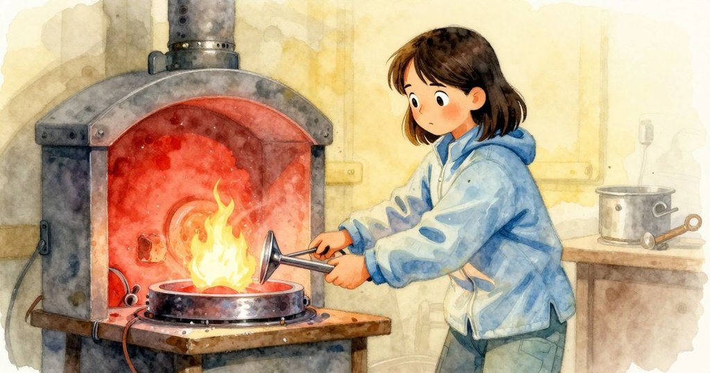 丹娜輕掀覆蓋物，露出正在冷卻的金屬鑄件，仔細檢查細微劃痕，展現工廠多年堅守與傳承。