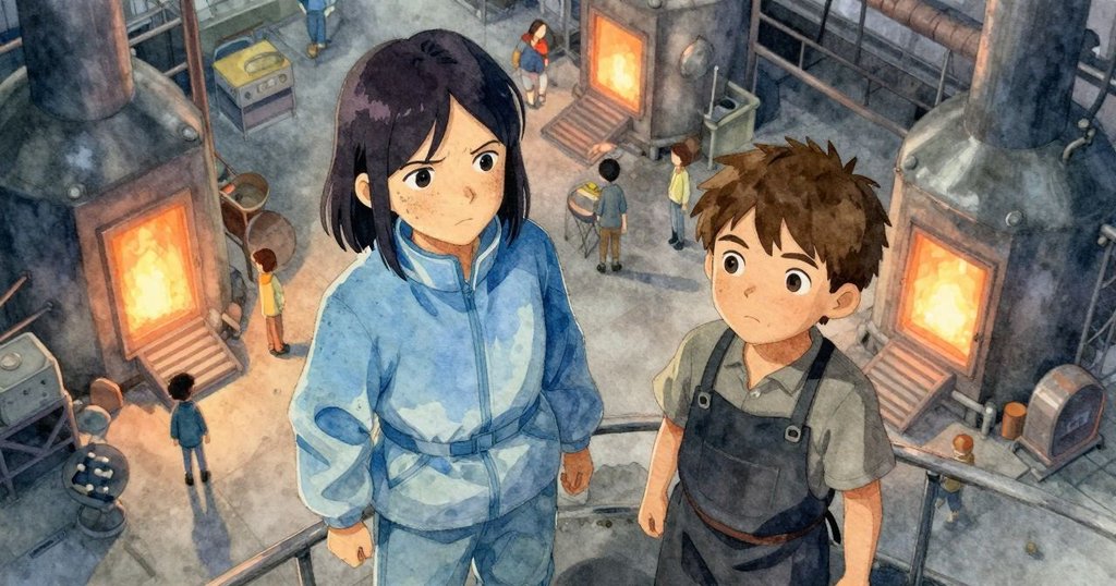 從高處俯瞰工廠內部，丹娜與格倫協同作業，火爐光與陰影交織，展現工廠寬闊而有序的環境。