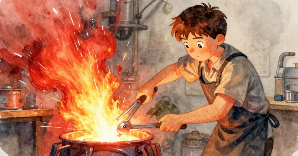 格倫揚起夾子，熔融金屬急速流動在模具中形成動態軌跡，火光與陰影交錯中充滿力量與節奏感。