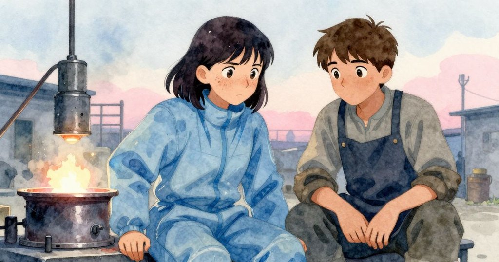 完成作業後，丹娜與格倫靜立欣賞已冷卻的鑄件，和煦的晚光中流露滿足與寧靜，傳遞溫馨結尾。