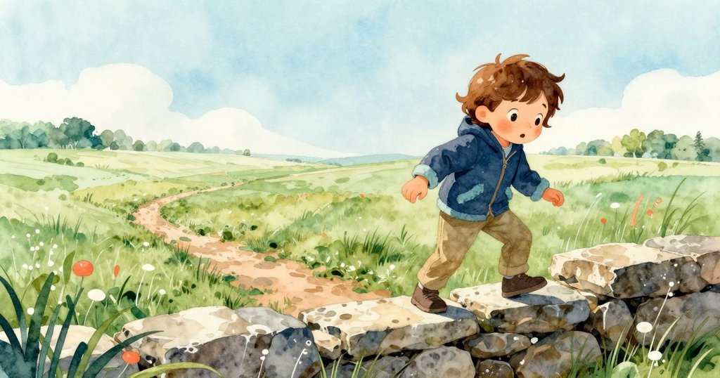 瑞斯走過石樁,踏入綠意盎然的草原,背景中可見融冰的池塘,展現探索旅程的起始