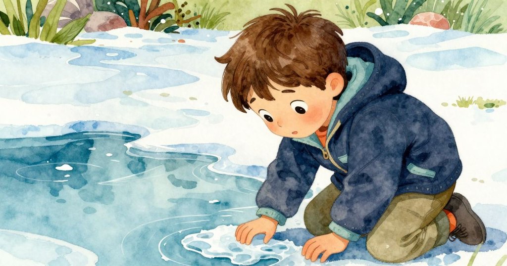 瑞斯蹲在池塘邊,仔細觀察中心消退的白冰,臉上流露出專注而思考的神情