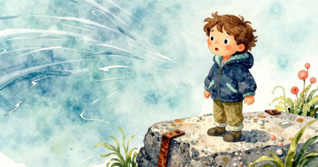 透過扭曲視角聚焦於石碑上生鏽的鐵架,風輕拂過裂縫處,帶出柔和水滴的動態韻律