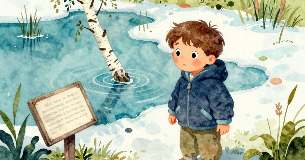 從高處俯瞰池塘及周圍蘆葦,斜放的文化銘牌與輕觸水面的樺樹枝,共同營造寧靜自然景致