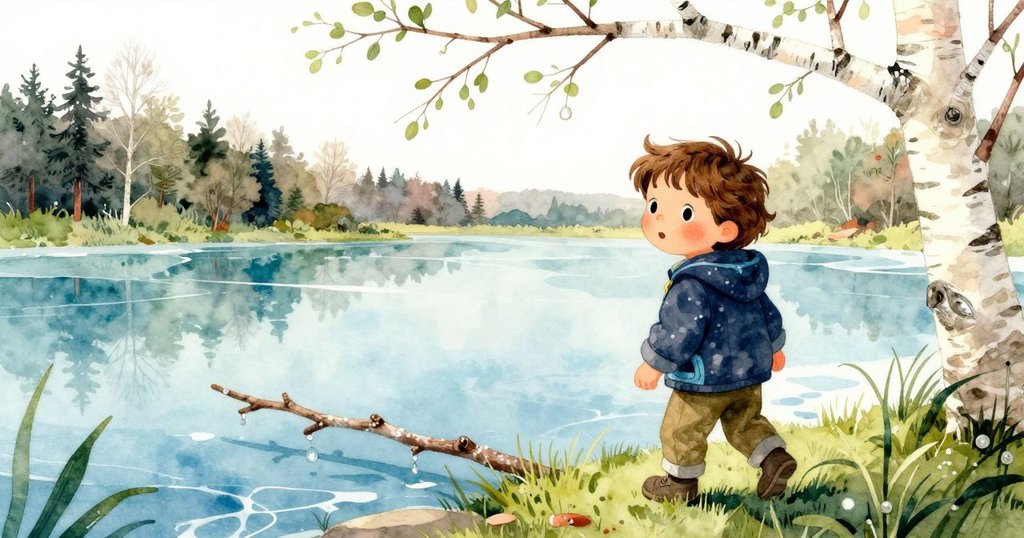 在日光漸強下,樺樹枝下的小樹枝上露珠閃爍,瑞斯靜靜後退,景致展現寧靜轉變與時間痕跡