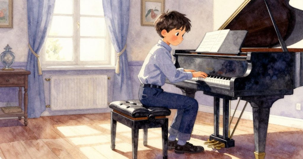 邁爾斯在溫暖午後光線下調整琴凳, 室內環境精緻, 彷彿發現秘密, 表情專注而期待