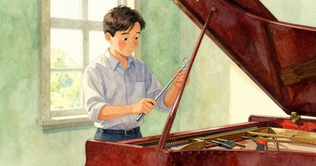 邁爾斯打開鋼琴蓋, 手上敲擊調音叉, 房間中光影交錯, 神情專注探索音樂奧秘