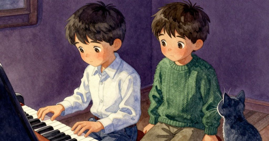 房間角落一隻橘色貓好奇凝視調音過程, 視角低角度展現琴鍵與柔和光影, 氣氛溫馨而詩意