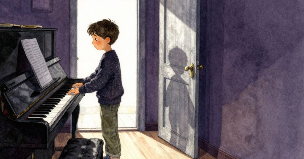 伊凡站在半遮掩的門口, 靜靜觀察調音, 背景呈現海報與昏暗光影, 臉上流露平和與沉思情感