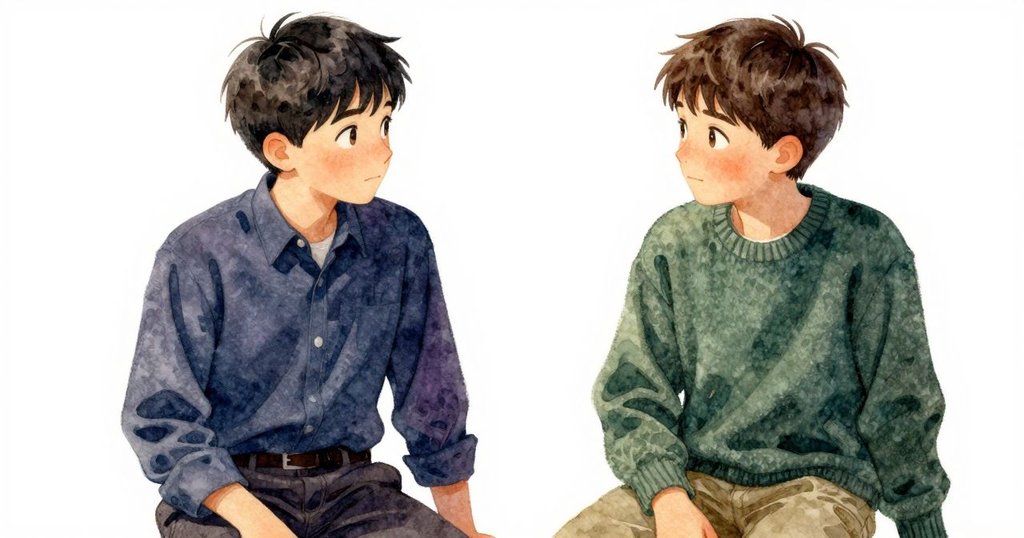 邁爾斯與伊凡透過眼神交流, 臉上流露理解與溫柔情感, 室內燈光溫暖, 頹靡琴弦化作和諧樂聲