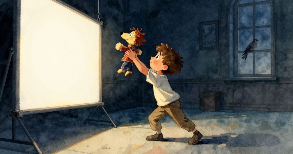 布拉姆舉著皮馬偶，鴿子飛入後台窗戶，幕後白布和傾斜角度營造神秘氣氛，透露故事開端