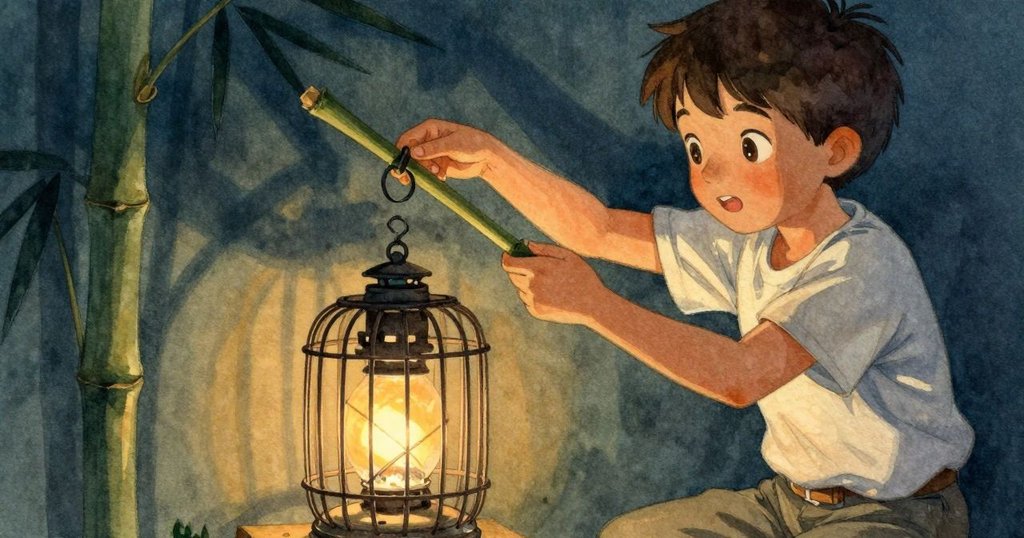 布拉姆專注檢查竹竿及金屬燈罩，手緊握物件，背景呈現台後布景與柔和光線，故事進入細節展現