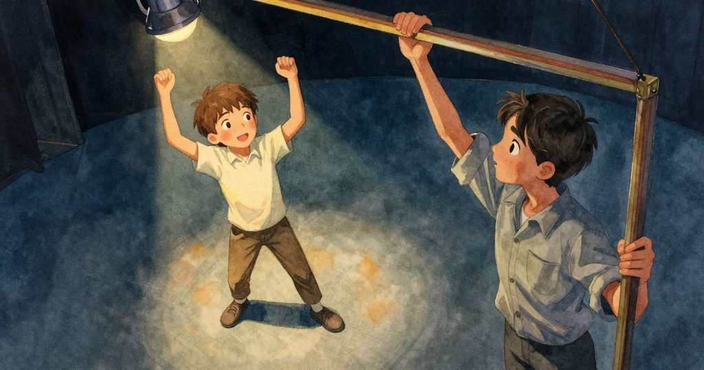 從高處俯瞰台後全景，布拉姆移動燈具，助手輕觸木框，和諧舞台佈局中展現微妙變化，情節漸進