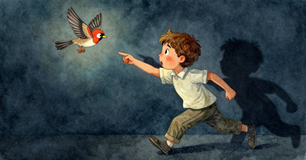 激烈追逐中，布拉姆急速調整木偶，雀影龐大劃過白幕，動態景象中充滿驚訝與緊張感，表情清晰