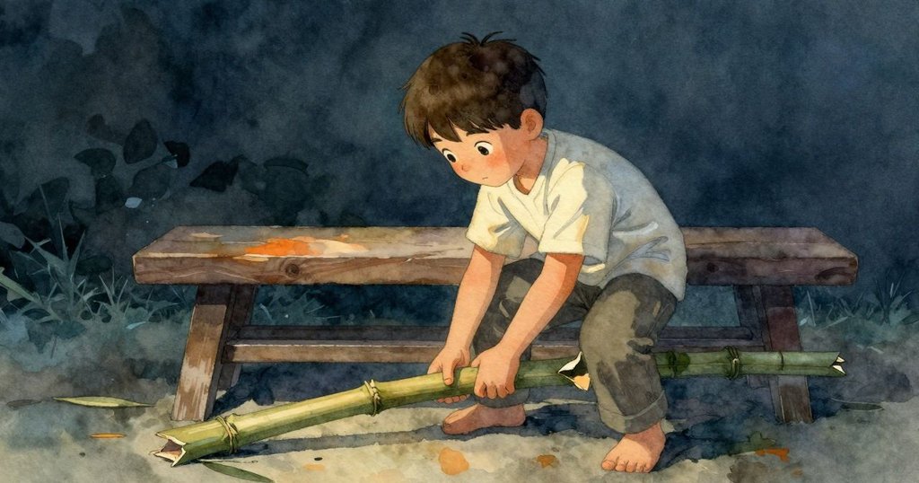 布拉姆安靜放下破竹竿，燈光柔和映照下雀影漸淡，臉上流露思考與寧靜，故事逐步邁向結局