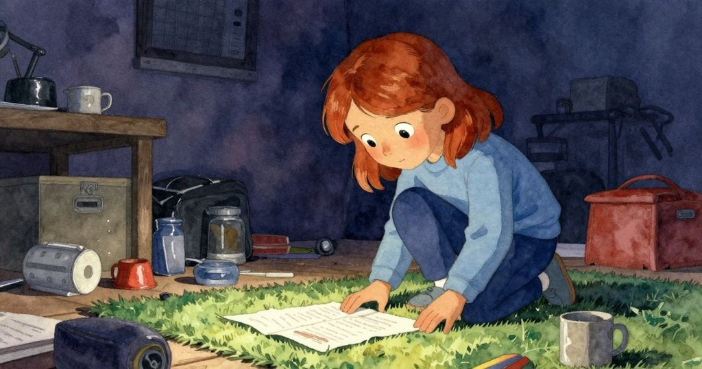 Verity 正在室內工作區蹲下檢查機器墊上的爪印,桌上散亂著工具,神情專注,光影對比強烈