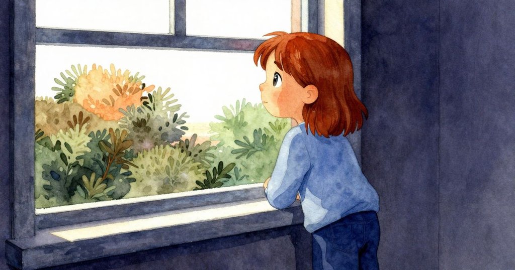 Verity 透過窗外望向戶外,屏幕上顯現含有溫暖光點的灌木,整體呈現季節轉換中的柔和光線