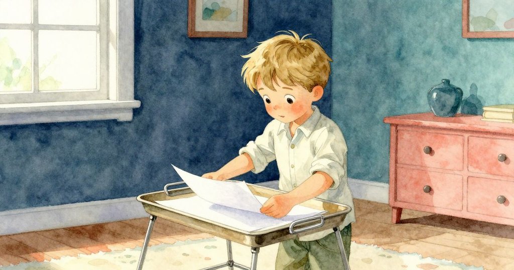 奧斯溫在明亮室內鋪展新紙，充滿期待感與溫暖氛圍，專注動作，展示日常儀式