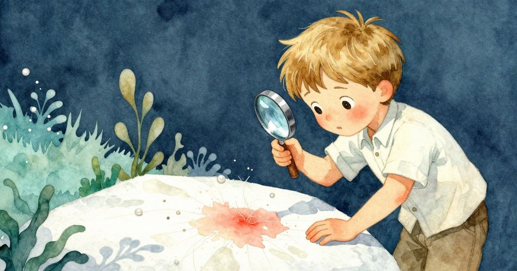 奧斯溫仔細調整放大鏡，聚焦濕跡細節，動作專注，展示紙張纖維結構