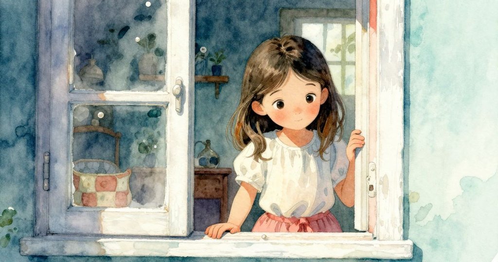 莉萊輕靠窗戶觀察室內景象，溫柔眼神流露關懷，捕捉滴答聲與水滴節奏的畫面