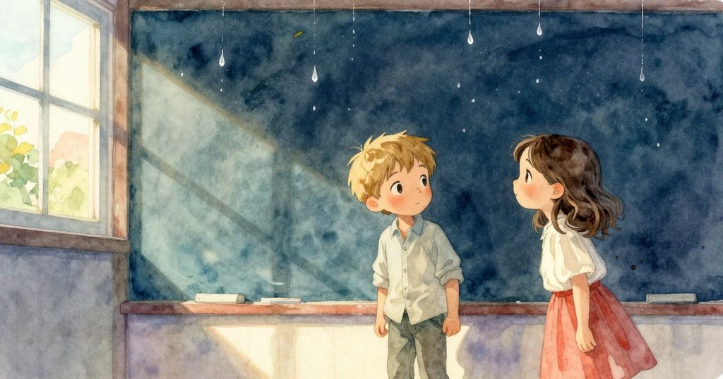 室內與外景交織，天花板滴水隨微風推動，秋日暖光中展現季節感與滴水動態