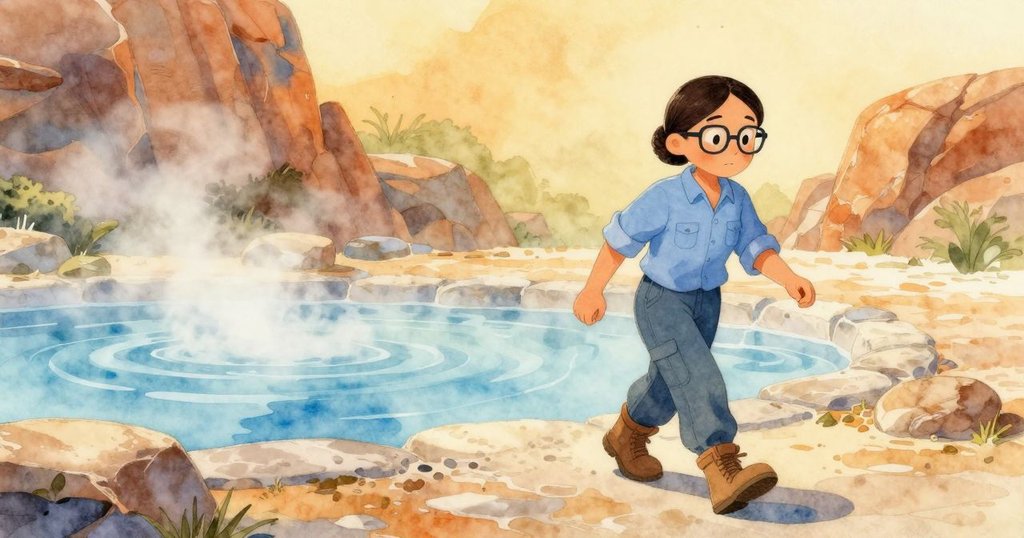 Kaya走在板道上接近蒸氣池，晨光柔和，板岩起伏顯示神秘節奏，她滿懷好奇望著自然景觀