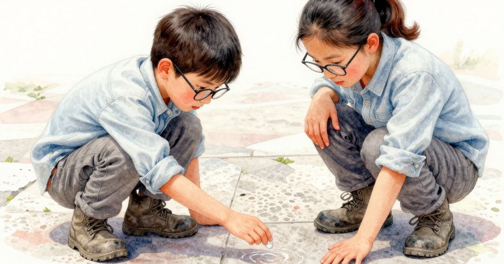 Kaya蹲在池邊觀察石灰岩上水珠細緻移動，神情專注，充分展現自然細節與探索精神