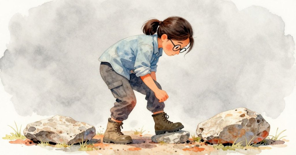 Kaya站在兩塊板岩之間，一塊有節奏地動，另一塊靜止，她試探觸碰靜止板岩，神情充滿好奇