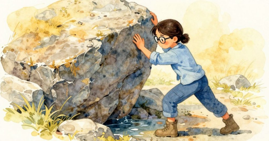 Kaya用力將板岩搬上玄武岩，隱藏的水道展露出雙流水帶，她專注動作充滿決心，場景動感十足