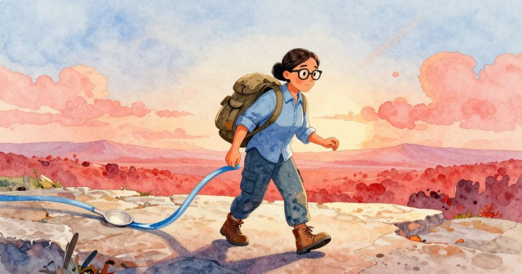 Kaya滿懷滿足離去，背著背包，雙水流在溢流通道中交匯，銀色湯匙靜臥石灰岩上，夕陽溫柔灑落全景