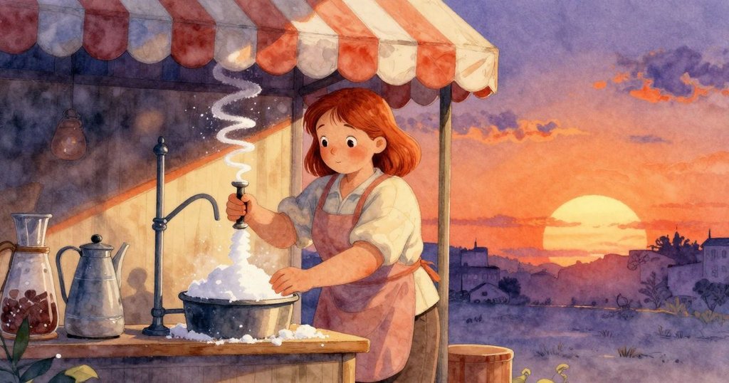 Marnie在露天糖果攤操作機器,旋轉紙錐,糖霧四散,夕陽映照,臉上充滿專注與喜悅